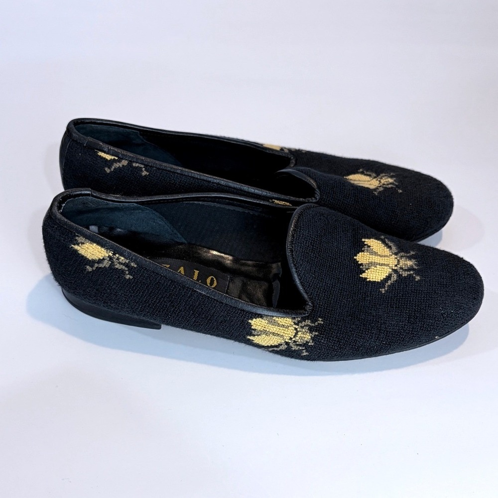 Zalo Vintage Black Needlepoint Bee Smoking Slippers Loafers Shoes Women Size 9.5